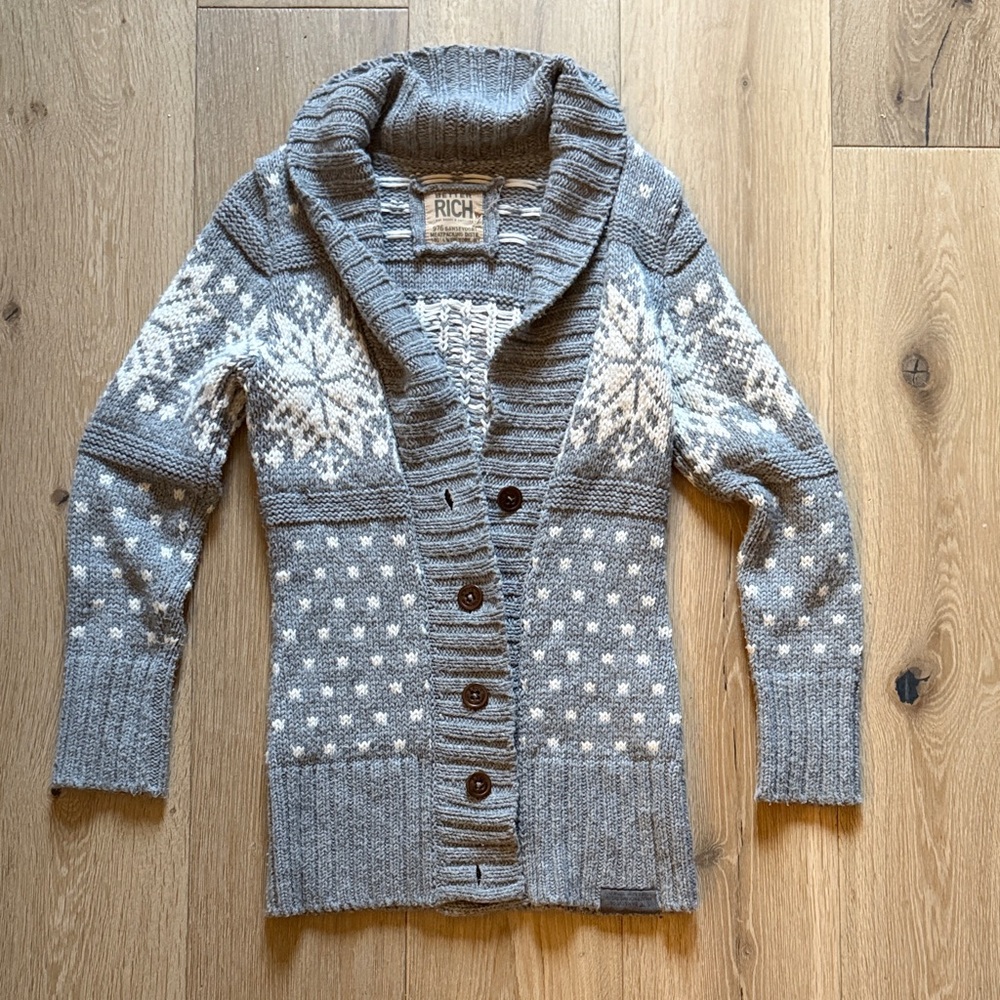 Gray and White Snowflake Cardigan Sweater
